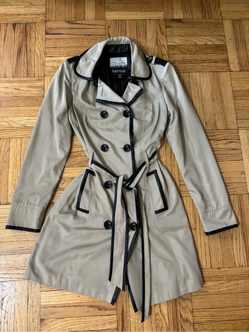 kensie Tan Trench Coat with Black Trim